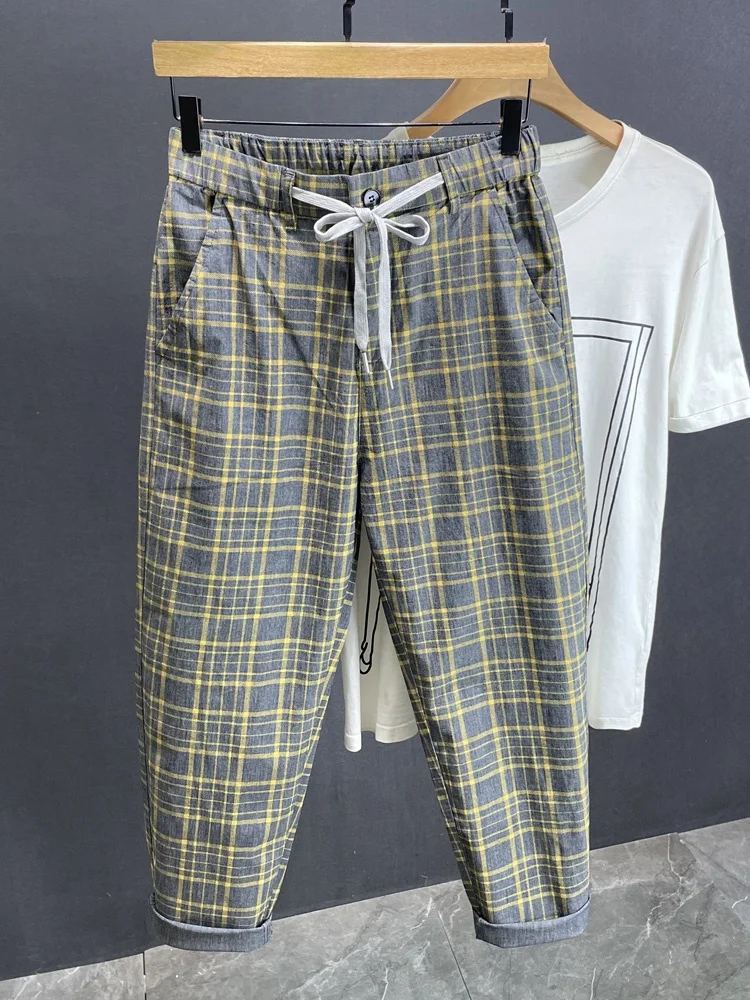 

Trendy Men's Summer Thin Plaid Loose Straight Harem Nine-Piece Casual Pants Dstring Japanese Sle Breathable Cotton Polye...