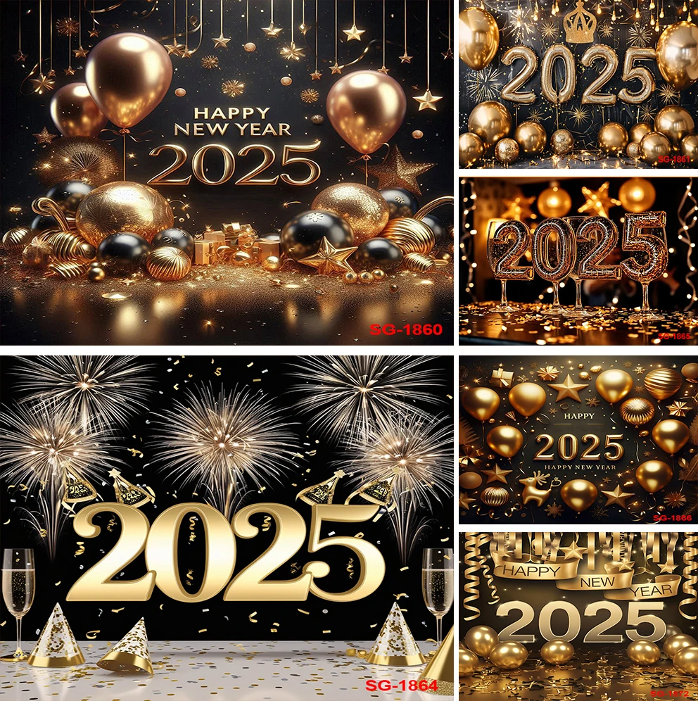 2025 Happy New Year Background Golden Fireworks Wine Glasses Family Countdown Party Decor Banner Celebrate Poster Photo Props