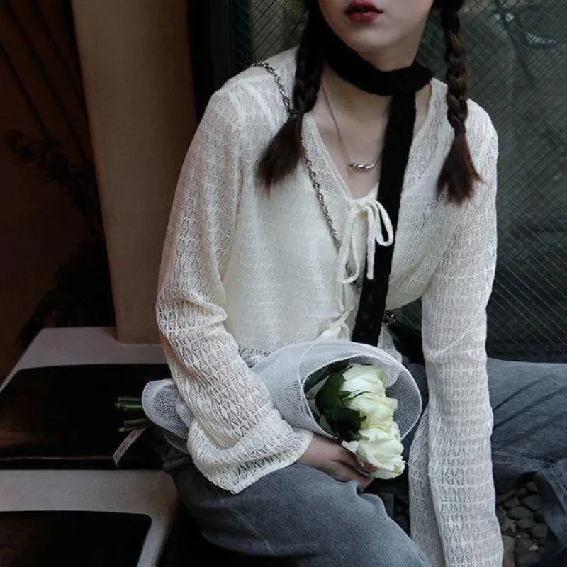 Women Long Sleeve Blouse Tie Front Pointelle Knit Cardigan Hollow Out Jacket Shrug French Chic Cottagecore Boho Spring Summer