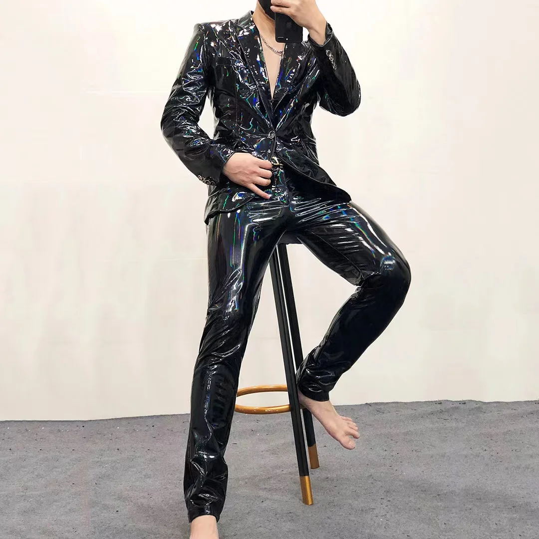 Mirrored Leather Holographic Reflective Suit Jackets Pleated Skinny Pants 2 Piece Set Men Fashion Stretchy Leather Stacked Pants