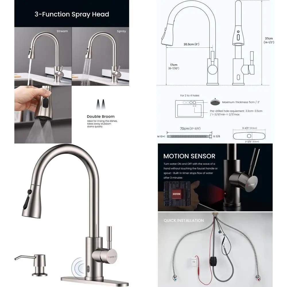 

Motion Sensor Touchless Kitchen Faucet with Soap Dispenser and Pull-Down Sprayer, Stainless Steel High Arc, Brushed Nickel