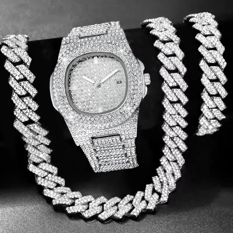 Luxury Rhinestone Men Watch Cuban Chain Jewelry Set Hip Pop Square Quartz Watches Accessories Gift Relogio Masculino