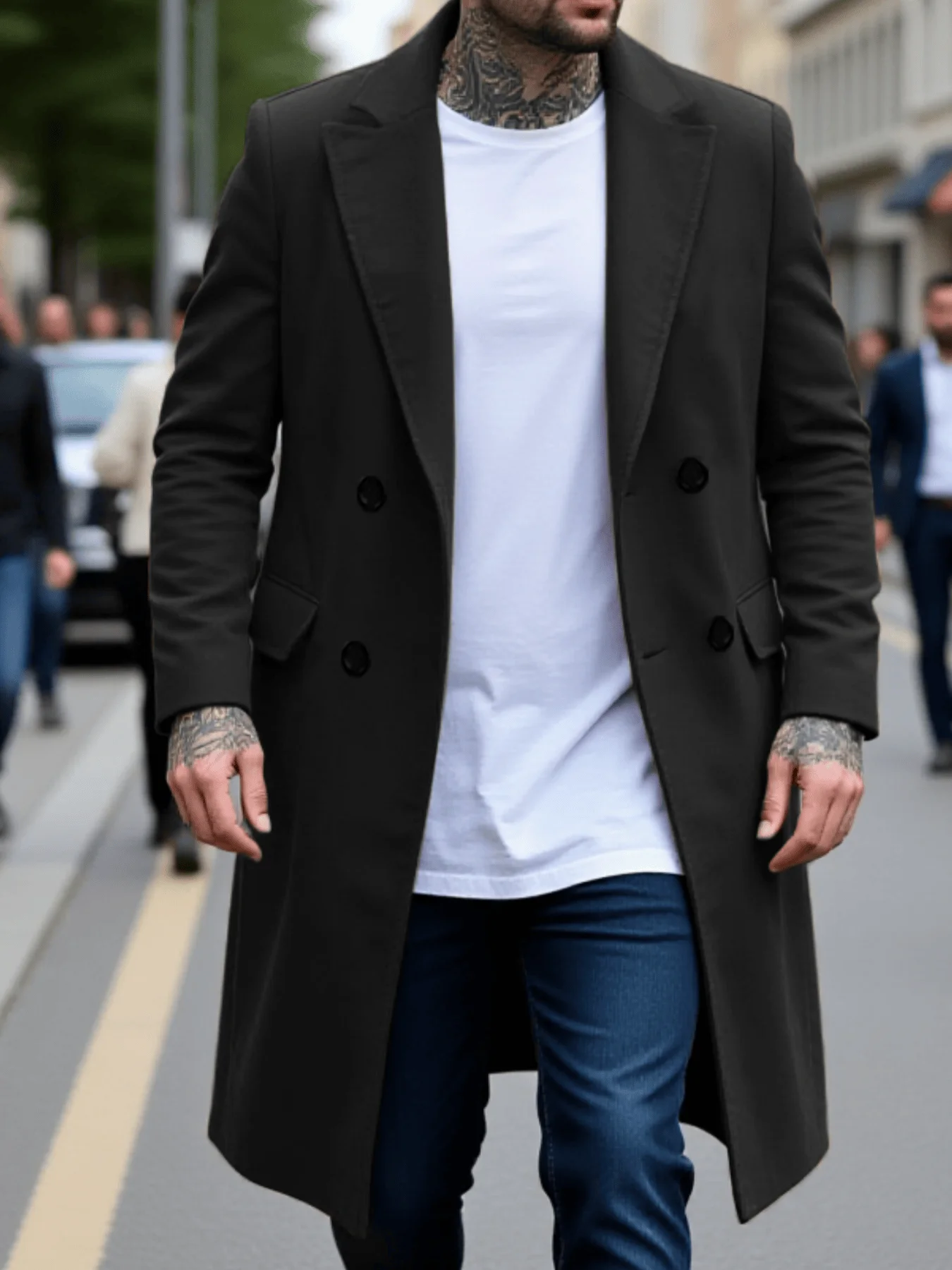 

Men's New Winter Woolen Coat Pure Color Long Jacket Double Breasted Warm Overcoat Thick Lined Streetwear Outerwear Cold Season