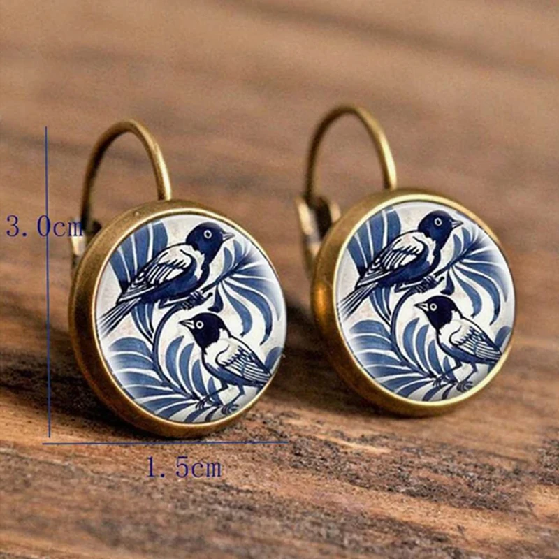 Vintage Blue Magpie Bird Earrings Retro Round Antique Bronze Glass Dome Earrings For Women