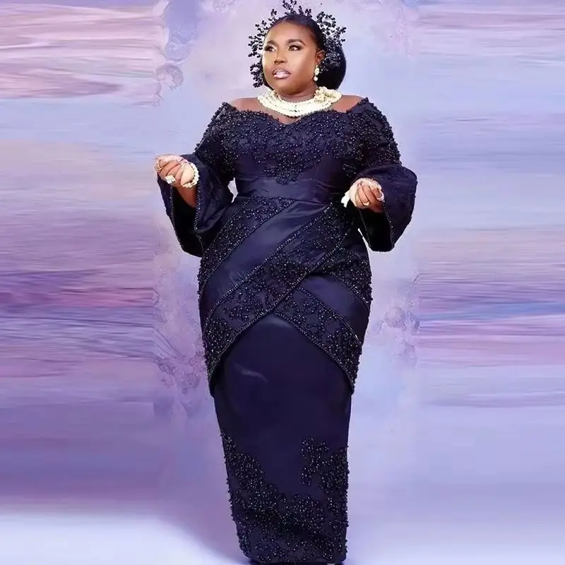 Shining Beaded Off The Shoulder Long Sleeves Evening Gowns Sheath Women Formal Wear Navy Blue Plus Size Prom Dresses