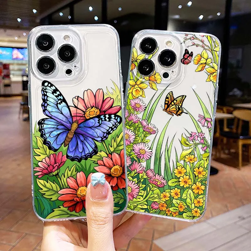 Beautiful Flowers Butterflies For Apple iPhone 17 16 15 14 13 12 11 Pro Plus Max Fashion Protective Transparent Phone Case Cover