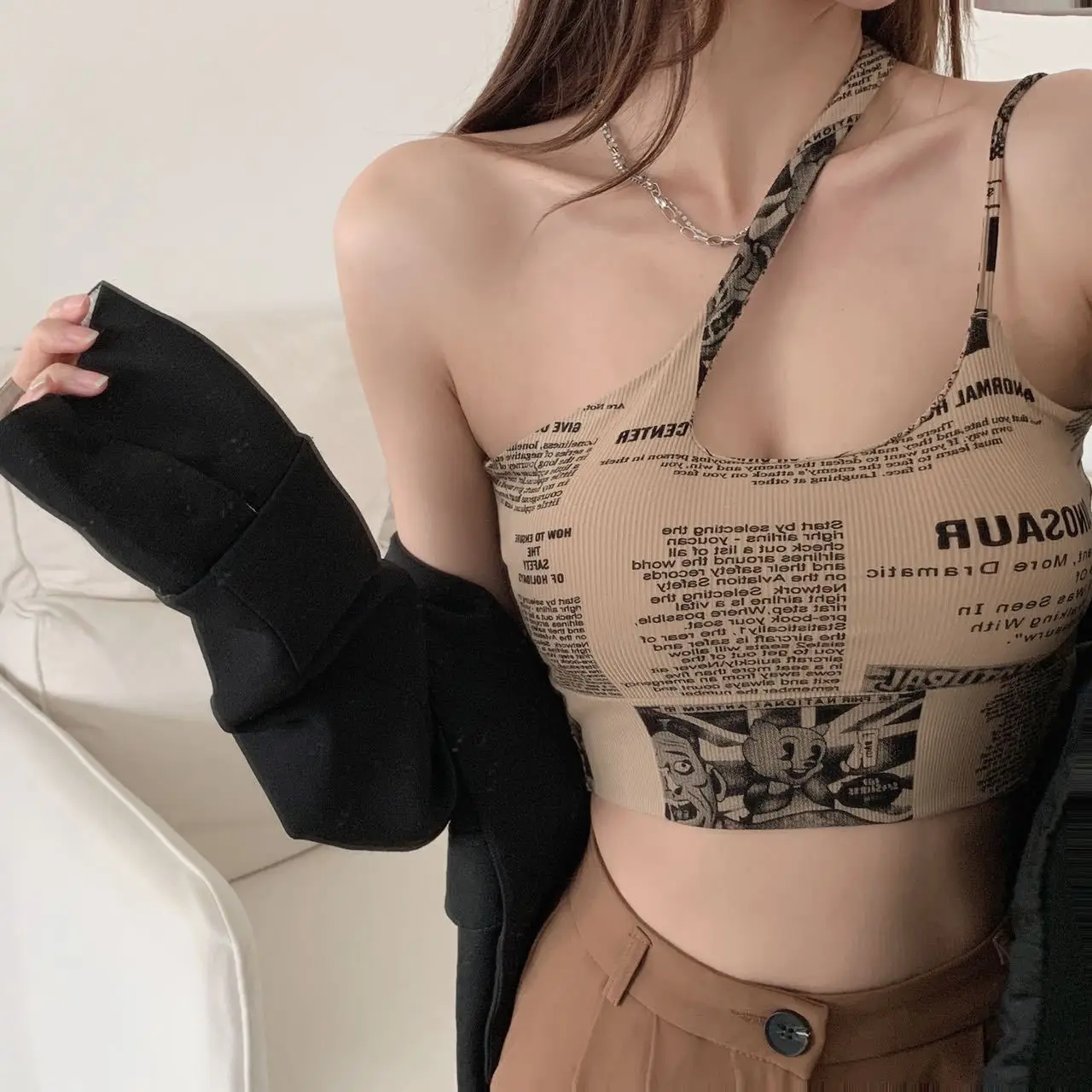 Trendy Newspaper New Pure Cotton Bra with Chest Cushion Beautiful Back Oblique Shoulder External Wear Inner Layup Tank Top