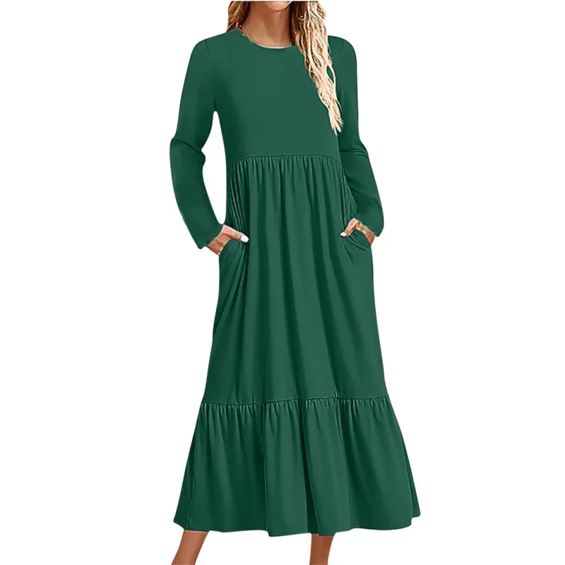 2024 New Dresses For Female\'s Autumn Solid Color Simple Style Elegant Vestidos Pocket O-Neck Long Sleeve Commuting Casual Skirt