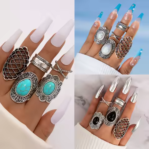 Tocona 5pcs/sets Vintage Silver Color Geometric Joint Ring for Women Black Crystal Stone Cross Party Jewelry Accessories 17196