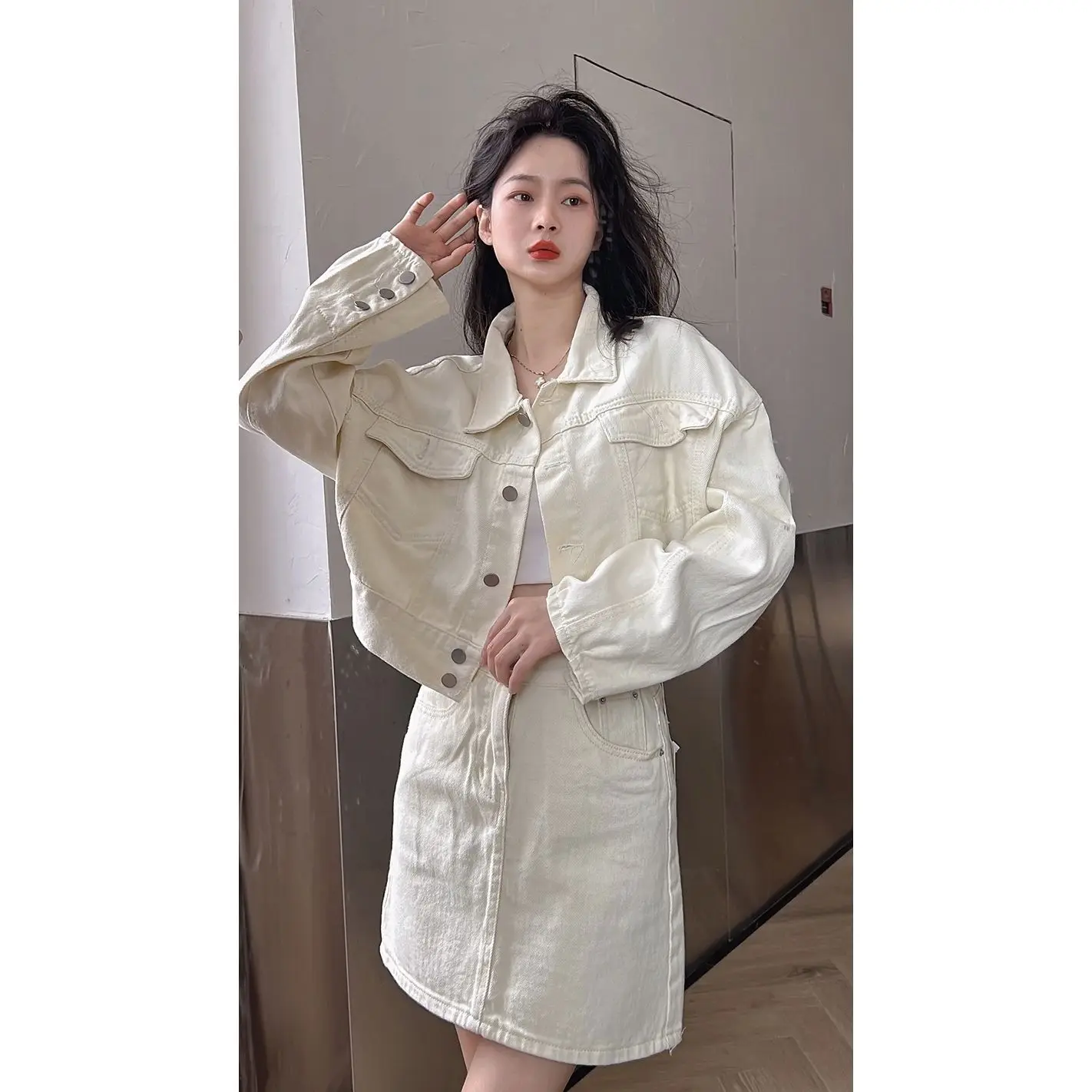 ربيع الخريف الدنيم مجموعة المرأة ort عالية الخصر ألف خط تنورة قطعتين دعوى Faionable عارضة الزي البوليستر طويل Sl...