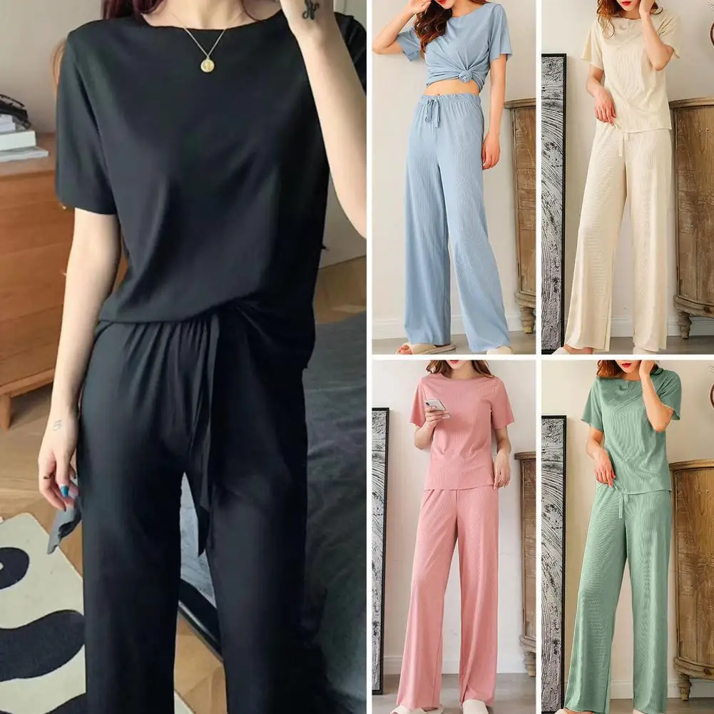 2 Pcs/Set O-neck Short Sleeve Leisure Elastic Waistband Drawstring Wide Leg Women Ice Silk T-shirt Pants Loungewear Loose Pjamas