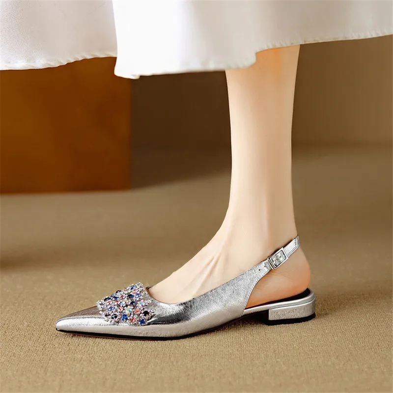 

New Summer Sandals Sheep Leather Women Shoes Pointed Toe Sandals for Women Fashion Rhinestone Sandals Handmade Chunky Heels
