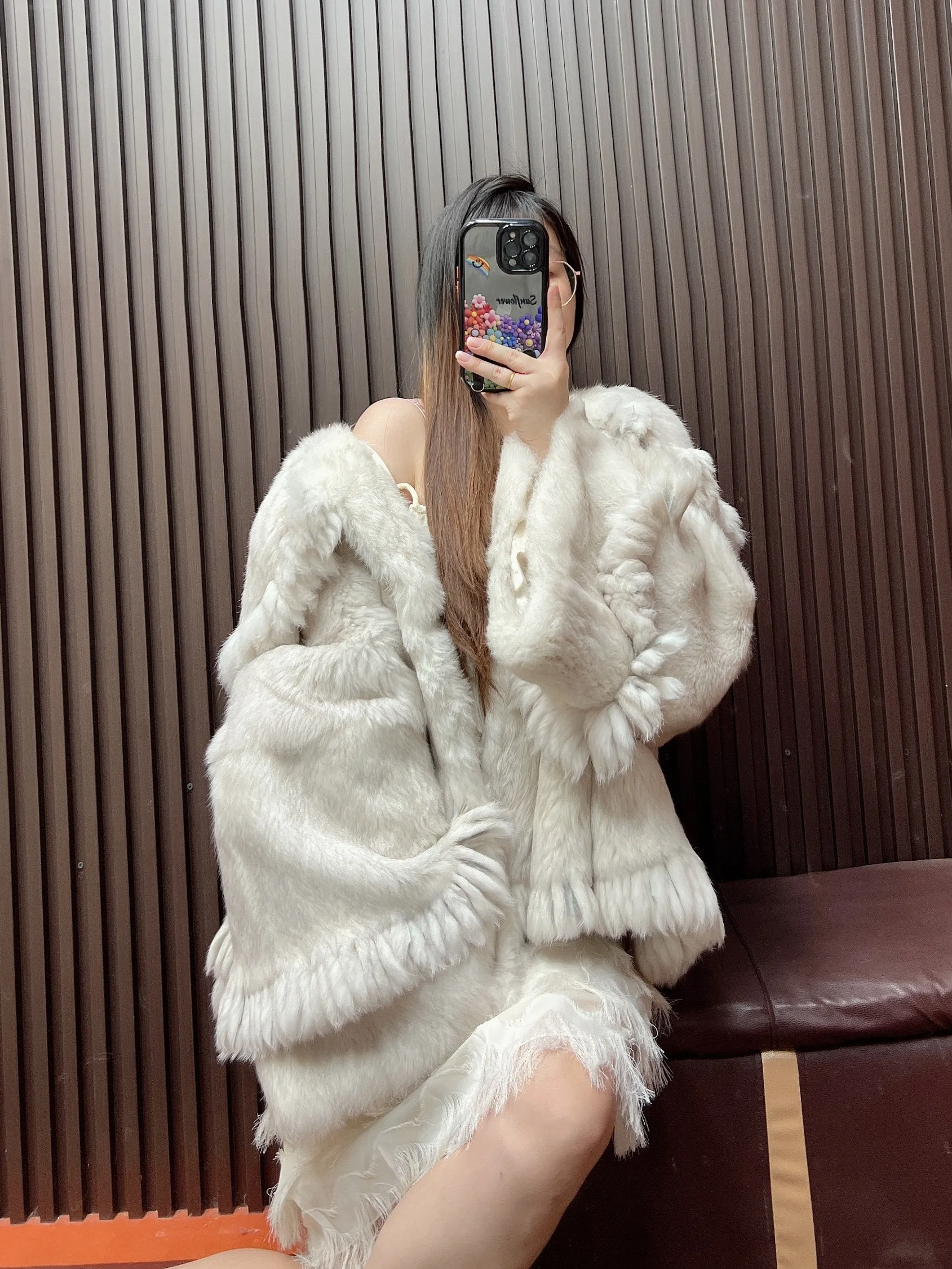 Damski płaszcz z prawdziwego futra królika, miękki, puszysty, zimowy, kurtka, płaszcze, moda uliczna, koreański Casaco Feminino