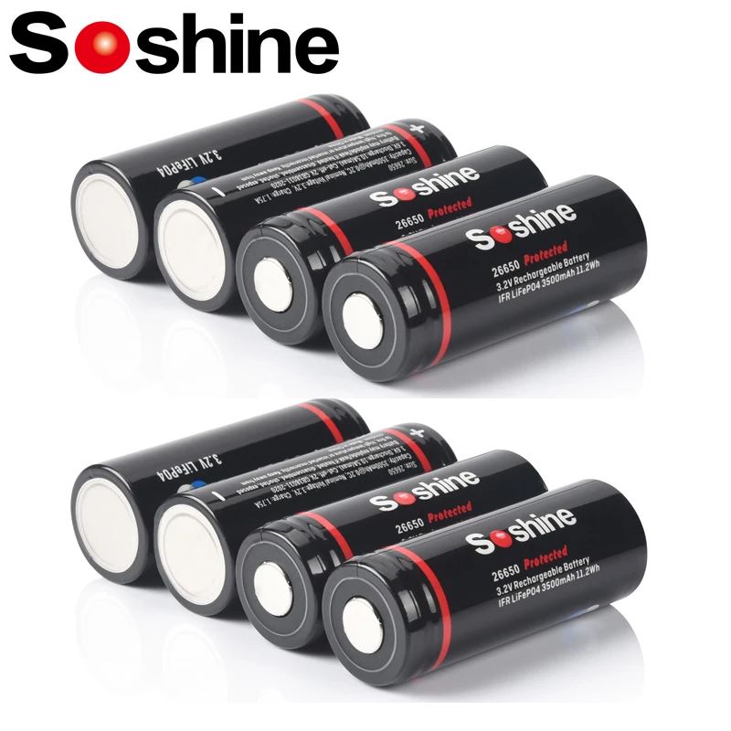 Soshine 26650 3500mAh LiFePO4 Battery with Protected 3.2V 3500mAh Rechargeable Batteries 1500 Cycles for Electric Toy Flashlight