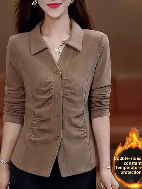 

Warm Thermal Long Sleeve Women's T-Shirt Slim Fit Shirt Korean Style Button Design Autumn Winter New Arrival Belly Covering Top