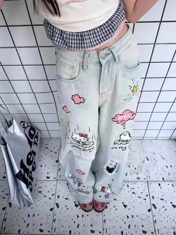 

Sanrio, популярные милые джинсы, джинсы Hello Kitty, американский стиль, ретро, граффити, свободный вид, тонкие студенческие прямые брюки, брюки для девочек