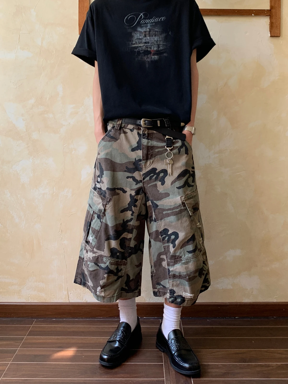 Oalin American Retro Camuflaje Ropa de trabajo Pantalones de siete pies Sueltos High Street Pierna ancha Pantalones versátiles Joven Primavera Summe...