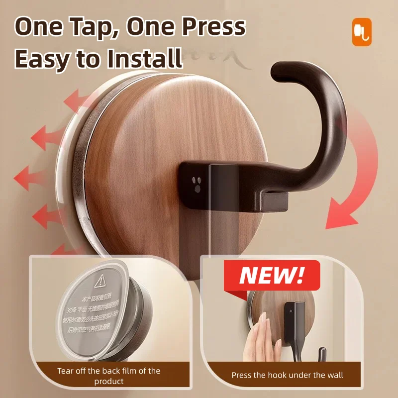 Wood Grain Suction Cup Hooks, Heavy Duty No Drill Wall Hanger, Waterproof Coat Bag Towel Hook for Bathroom Kitchen