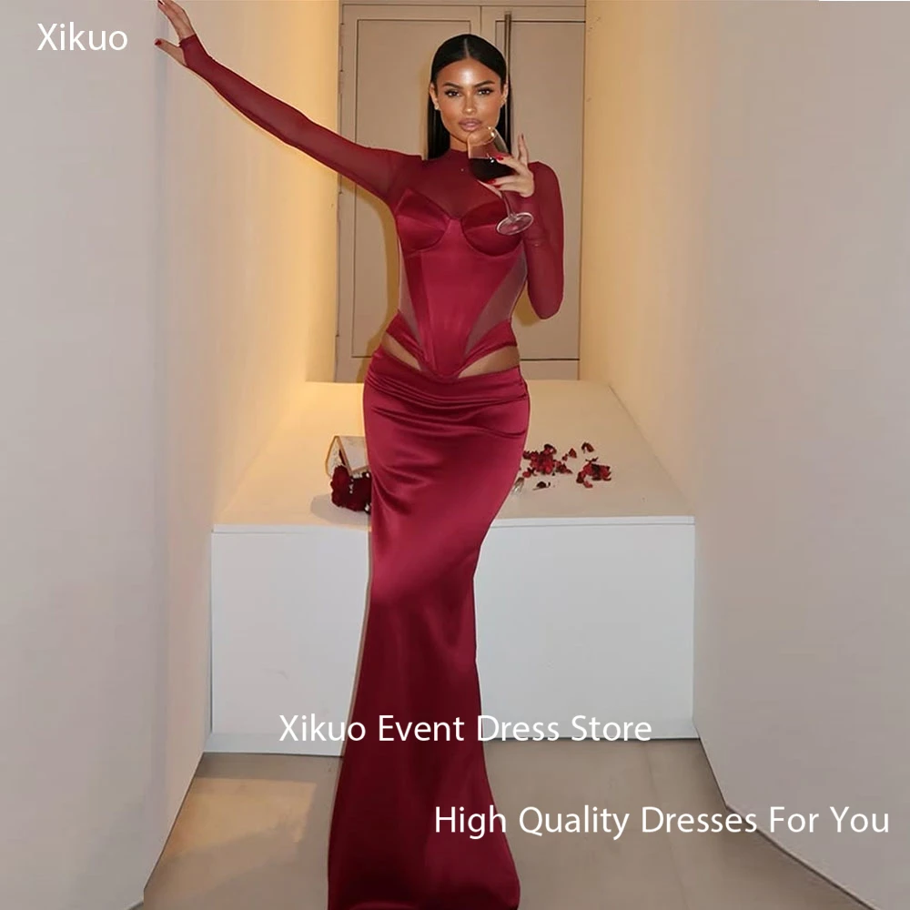 Xikuo バーガンディサテンロング女性のイブニングドレスイリュージョンフルスリーブローブ · ド · ソワレファムマーメイドウエディングパーティードレスカスタマイズ