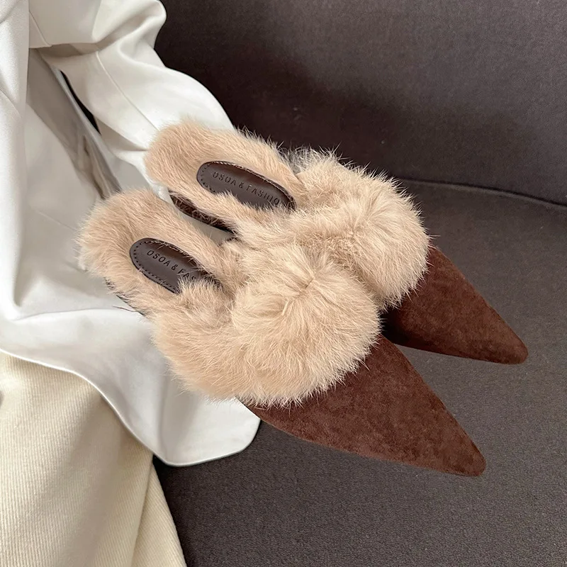 

Pointed-toe slippers for women New autumn/winter collection Fuzzy slippers for outdoor wear Chunky-heeled cotton slippers