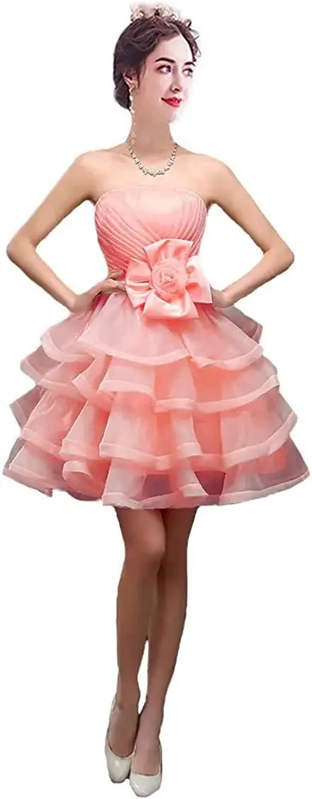 

Charmingbridal Strapless Homecoming Dresses for Juniors Pleated Organza Tiered Short Prom Evening Party Dress with Flower