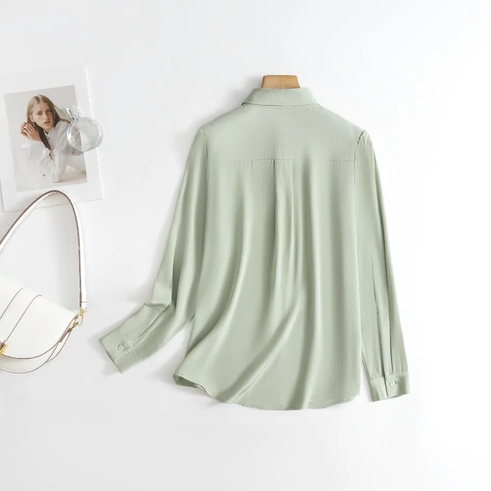 Women's Fashion Clothing 23MM Heavy 100% Natural Mulberry Silk Crepe De Chine Lapel Grey Green OL Style Long Sleeve Office Shirt