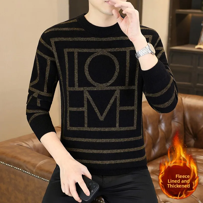 

Мужской вязаный свитер с флисовой подкладкой, утолщенный, с круглым вырезом, теплый базовый слой, приталенный крой, осенне-зимняя шерстяная рубашка