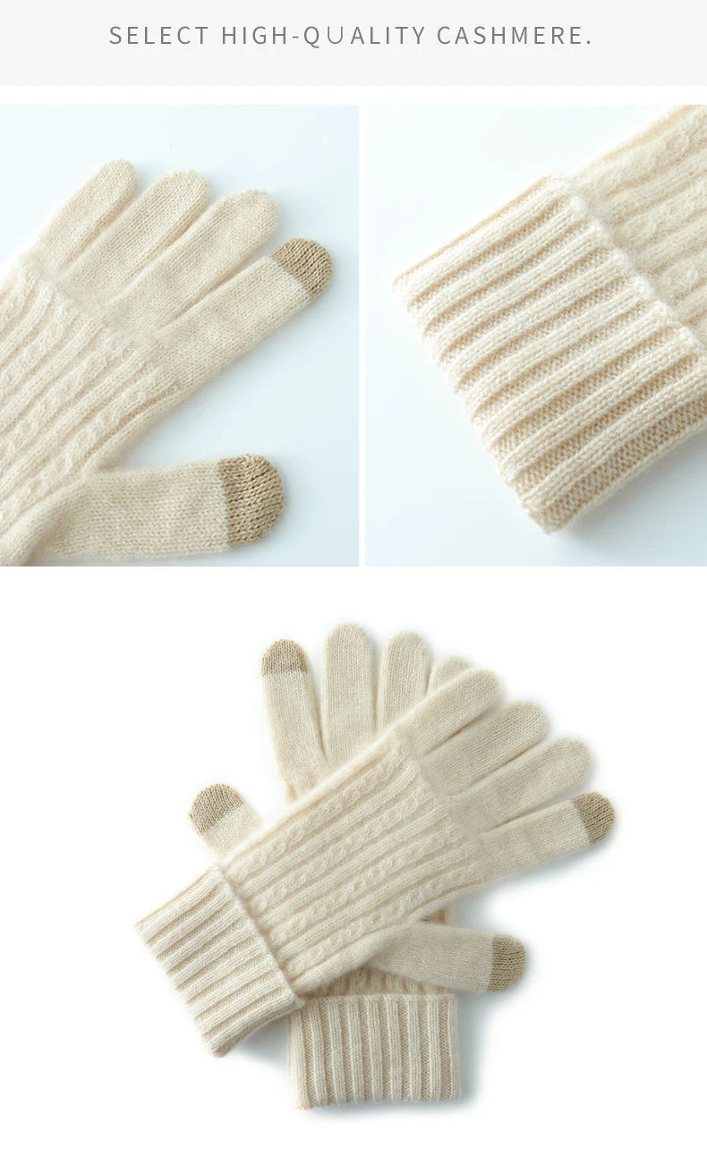 Winter High-Quality 100% Real Cashmere Touch Screen Gloves Women Soft Warm Stretch Knit Mittens Full Finger Guantes Female