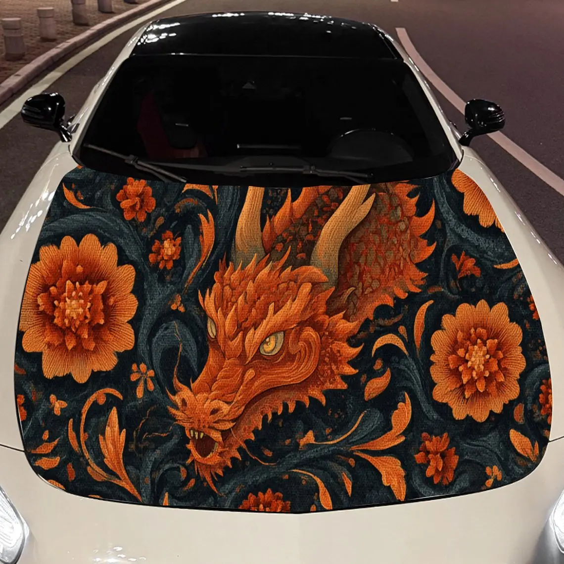 

Traditional Chinese Style: Orange Floral and Dragon Design Car Hood Vinyl Stickers Car Surface Protection Decal Car Decoration C
