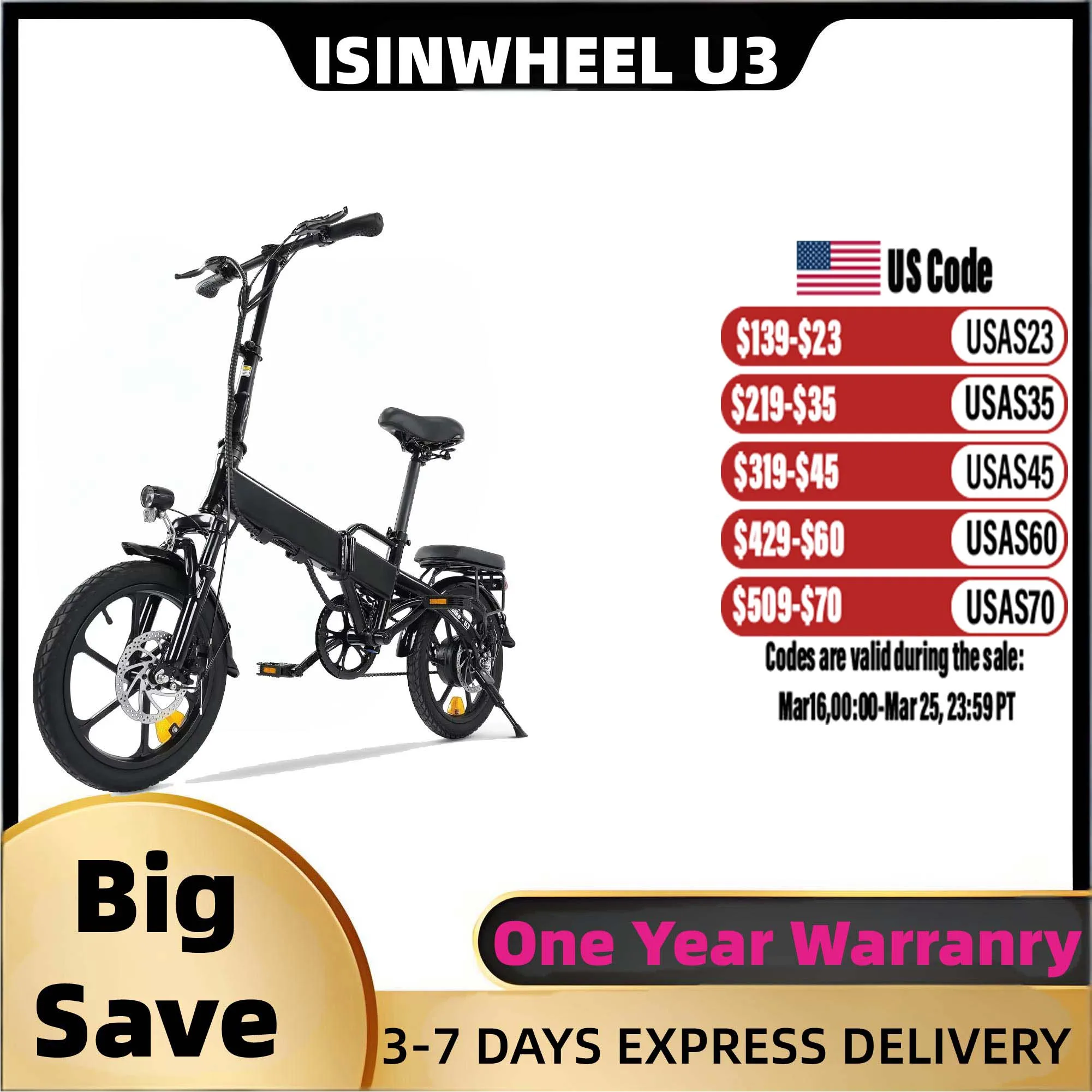 

Isinwheel U3 Adult Electric Bicycle,500W city ebike, 36V 7.8AH commuting E-bike, 16 Tire Foldable Electric Bike