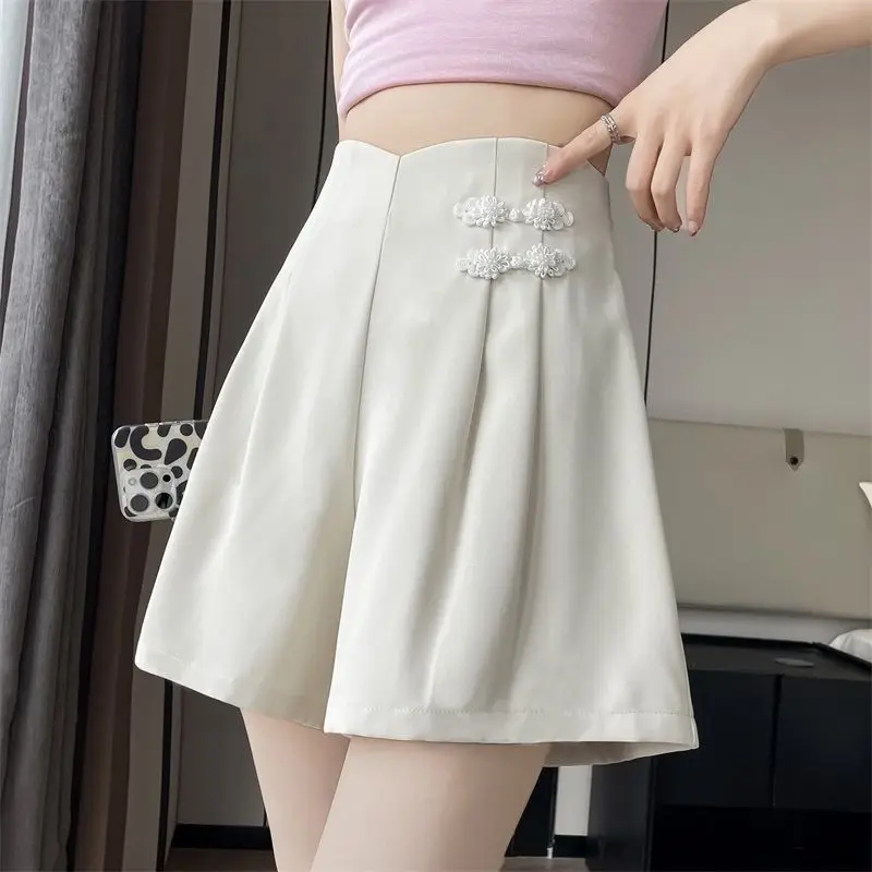 New Summer Chinese Style Women Clothing Wide Leg Pants Female Office Simplicity Buttons High Waist Solid Color Pants JJ730