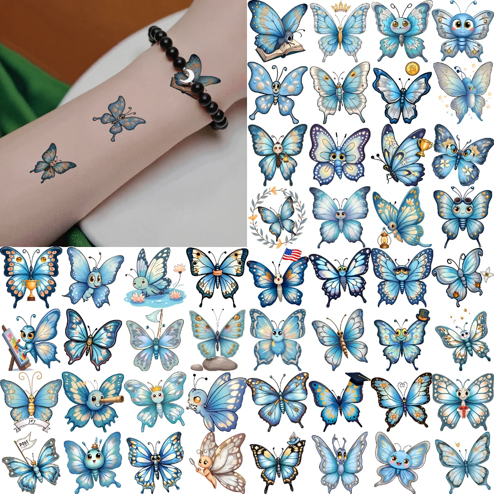 

54pcs Temporary Tattoo Blue Stickers Temporary Tattoo Stickers Butterfly Stickers For Cheeks Arms