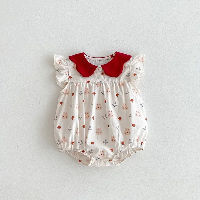 

Лето 2024, детский комбинезон для новорожденных, принцесса для девочек, с рукавами-крылышками, воротником «Питер Пэн», хлопковое боди с принтом кролика, одежда