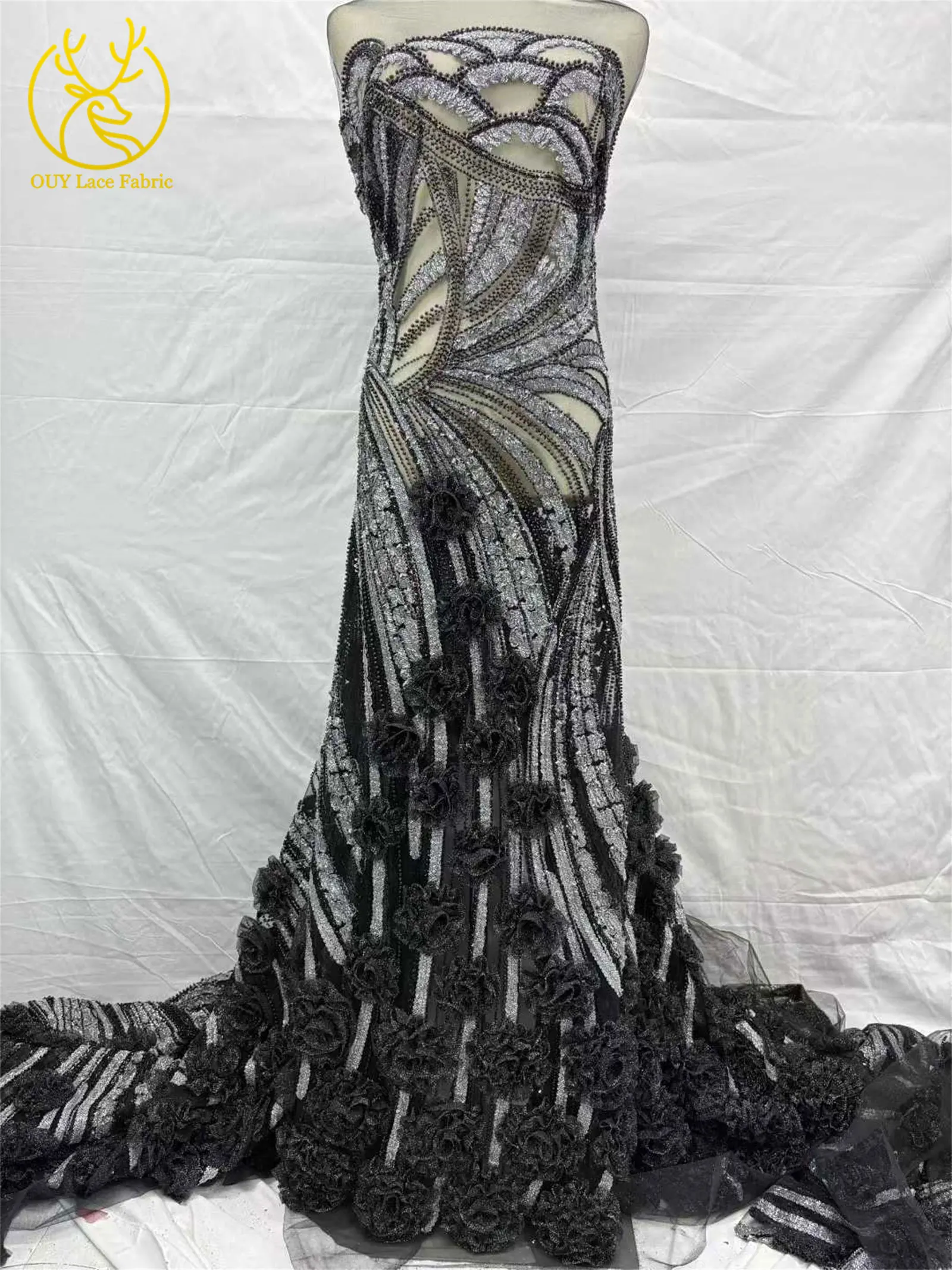 Eleganter 3D-Blumen-Französischer Perlen-Pailletten-Spitzenstoff 2026 Hochwertiger Afrikanischer Spitzenstoff Nigerianisches Hochzeitskleid Nähzubehör – Detail 12