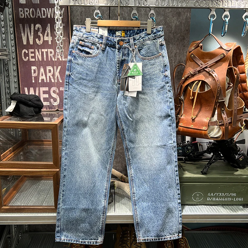 Indigo Dyed Amekaji American Vintage Casual Heavyweight Washed Denim Jeans for Men 2025 Autumn Classic Straight Loose Fit Pants