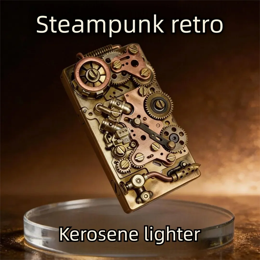 Steampunk Gear Linked Brass Lighter Vintage Mechanical Windproof Lighter Collectible Gift for Men