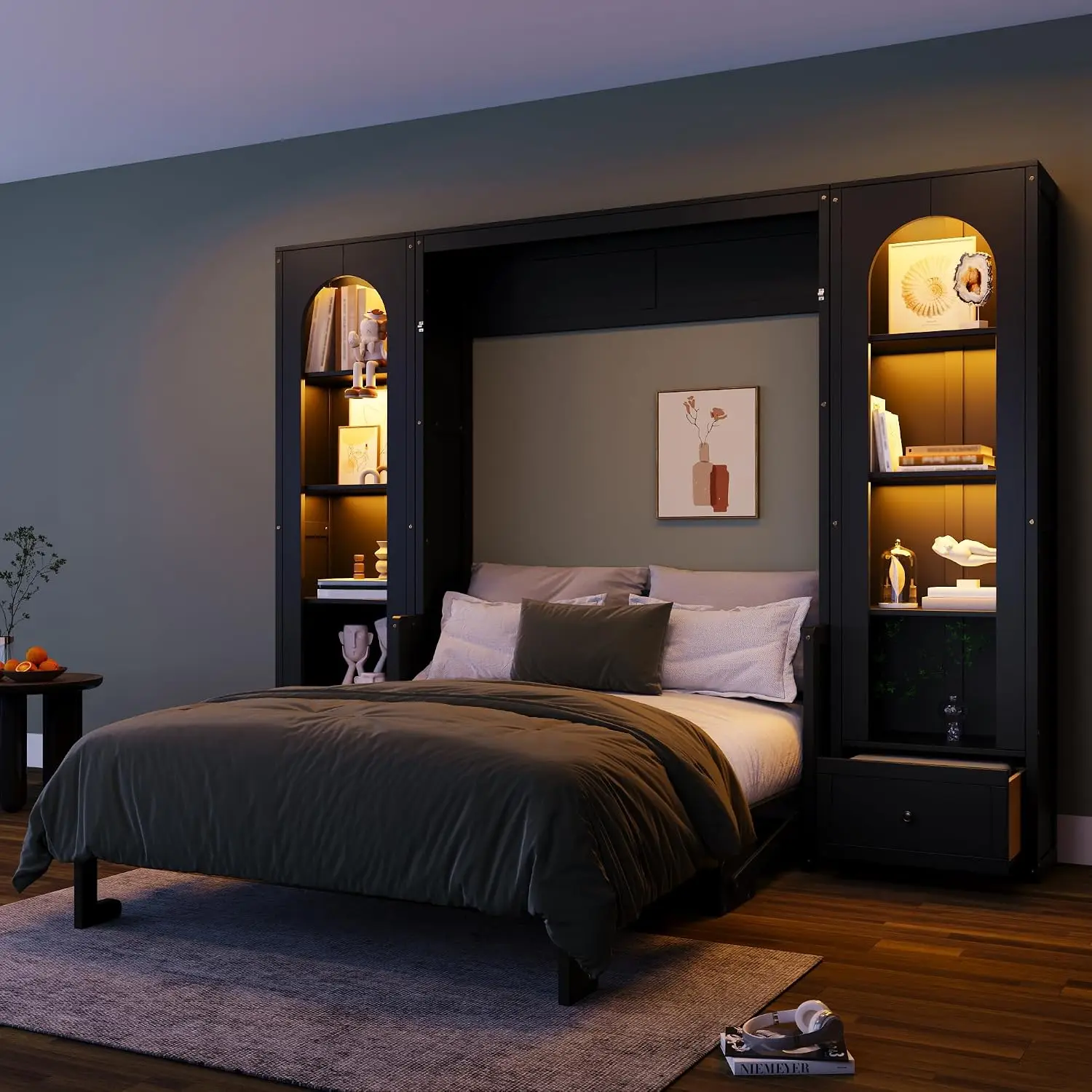 Murphy Bed Queen Size Platform Bed with Side Cabinets,Black - view 6
