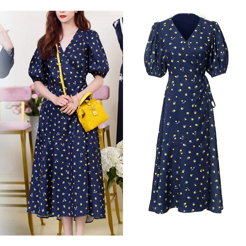 Vestido feminino foliante justo estampado com mangas foliadas, roupa longa, linha A, decote em v, viajante, senhora do escritório, moda celebridade, azul marinho