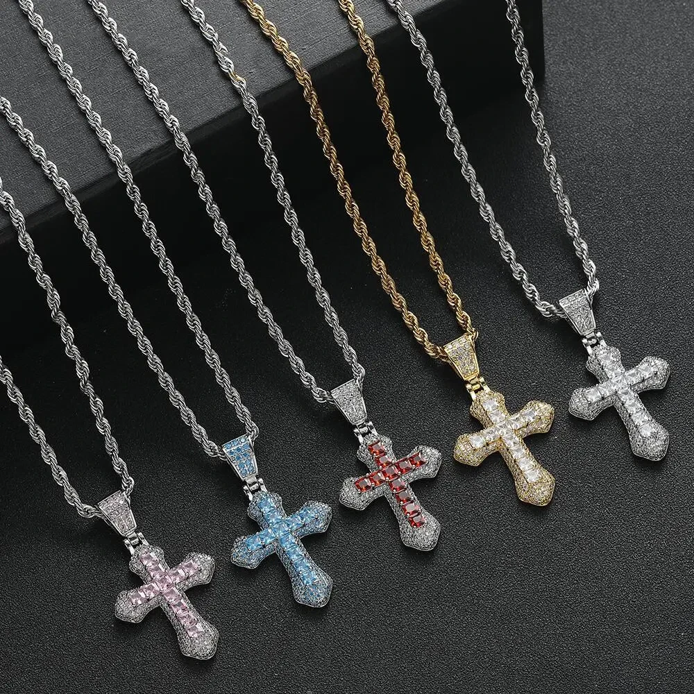 2025 Pink Red White Purple Blue 5 Color Cute Mini Small Colorful CZ Cross Pendant Necklace Hip Hop Men Women Fashion Jewelry