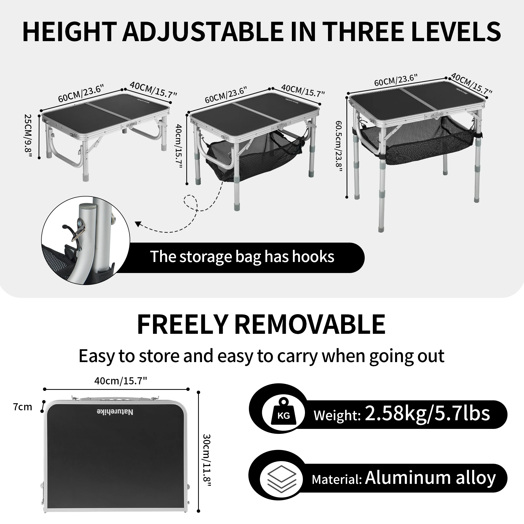 Naturehike Camping Table 60cm Height Stretchable Folding Table Multi-function Portable Outdoor Dining Garden Beach Picnic Table