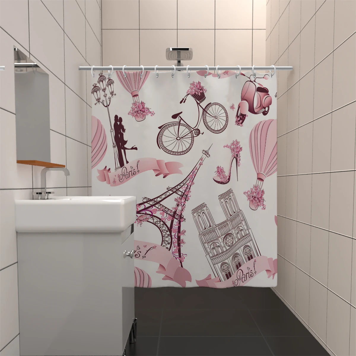 1 piece of 180x180cm pink Paris Tower pattern printed shower curtain partition bathroom waterproof and mildew proof