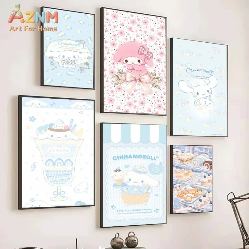 Cinnamoroll My Melody Canvas Poster Cute Sanrio Cartoon Print Unframed Canvas Art Light Blue Floral Sweet Aesthetic Wall Decor