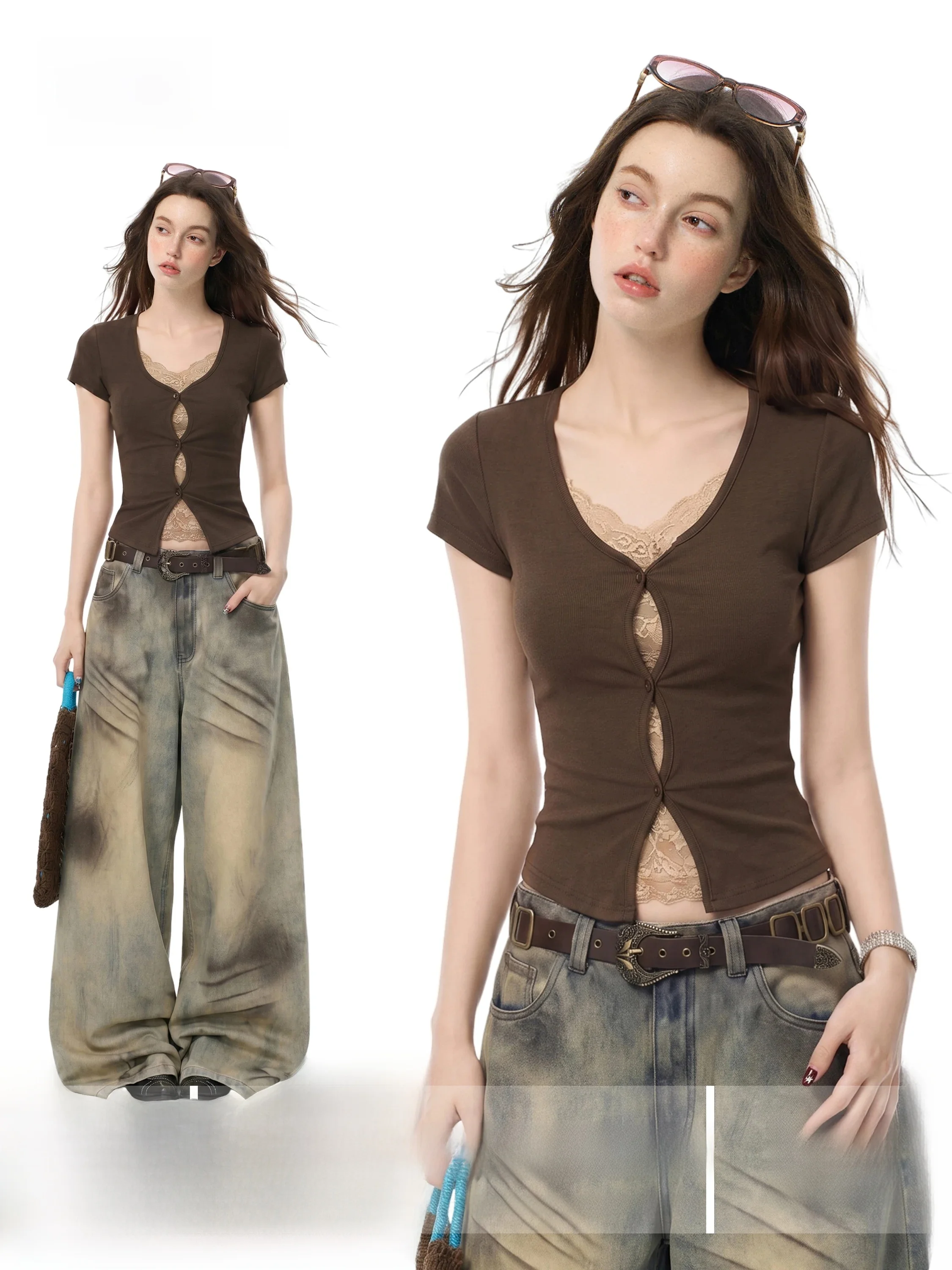 Slim Fit Short Sleeve V-Neck Lace Detailing Fake Two-Piece T-Shirt for Women Summer Design Sensation Short Length Top