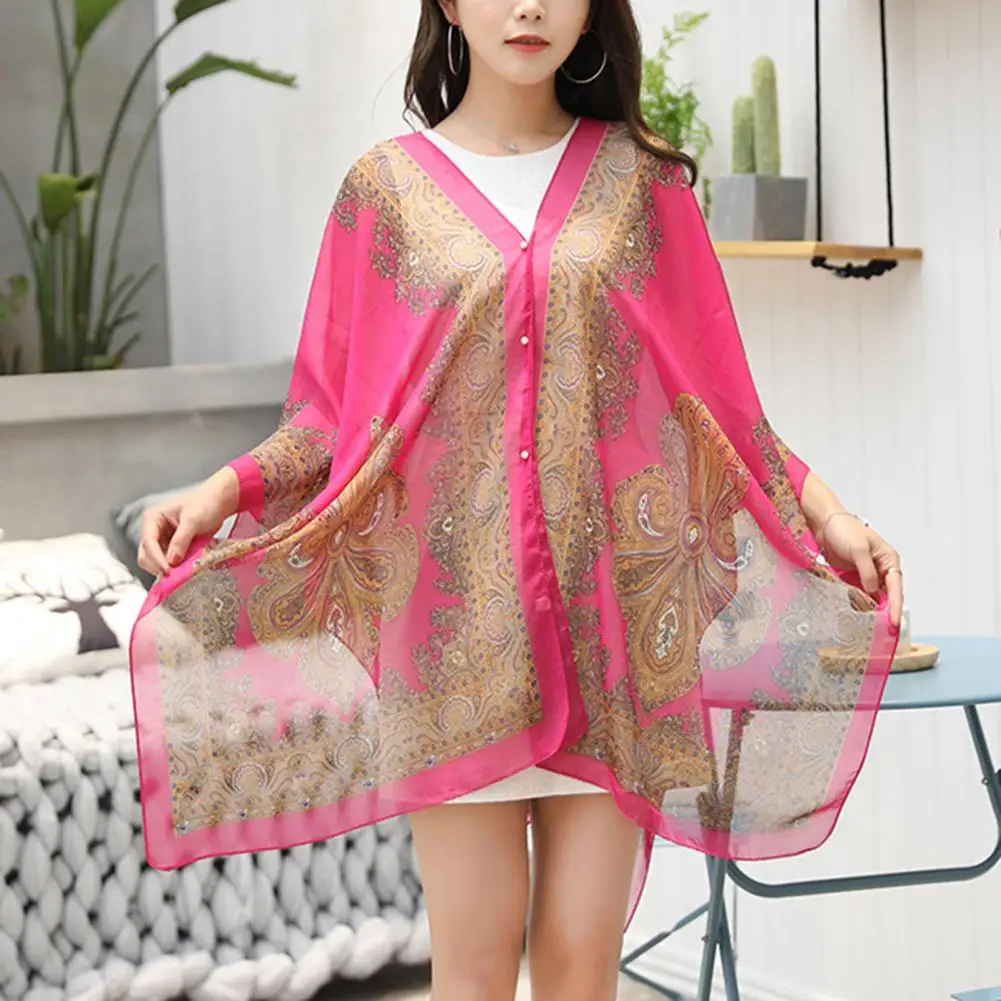 Chiffon Women Shawl Cashew Print Beads Temperament Shawl 3/4 Sleeve V Neck Beach Shawl Vacation Anti Sun Sexy Cover Up Shawls