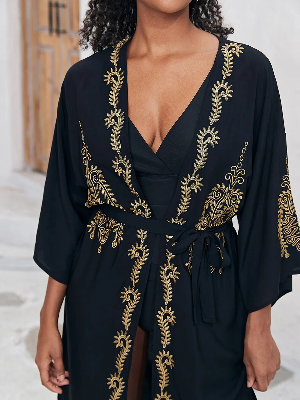 Black Embroidery Beach Long Kimono for Women Swimsuit Cover-Up Tunic Belt Pareos Robe De Plage Bikinis Cover Up Female Beachwear