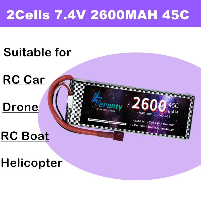 7.4V 2S 2600MAH Lipo Battery For Racing Car RC Boat Helicopter 45C Battery Universal Alternative Battery