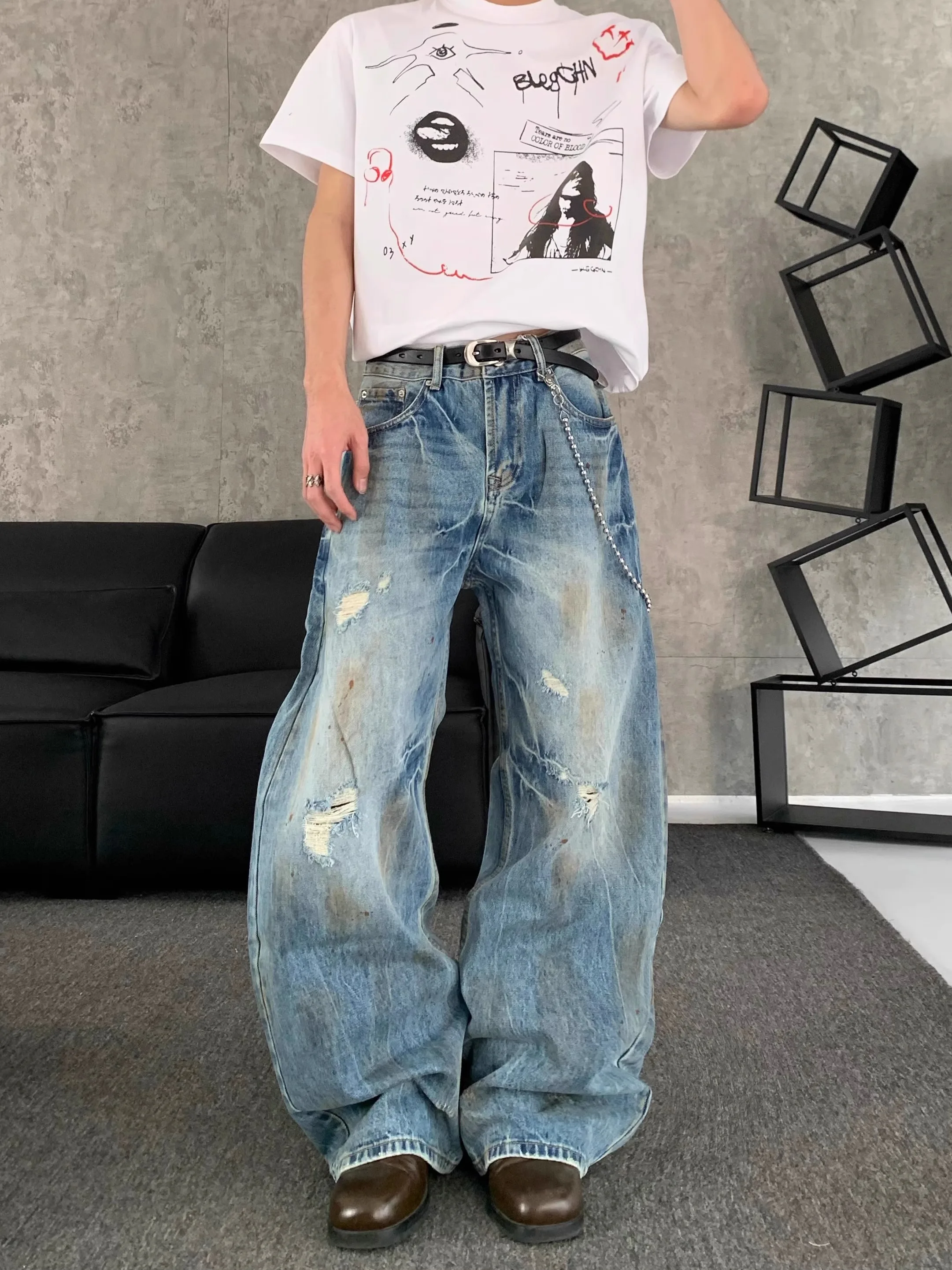 

Ретро-джинсы в американском стиле с вышивкой и эффектом потертости, свободные широкие брюки с дырками для мужчин и женщин, модный бренд