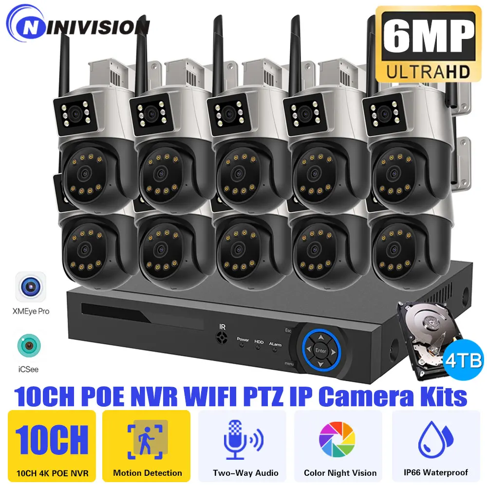 

10CH 8MP 4K NVR WiFi PTZ Camera with Outdoor PTZ Dual Screen Human Detection CCTV Surveillance 6MP Security IP Camera iCSee APP