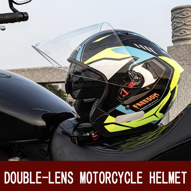 

Motorcycle helmet warm retro cruise 3/4 helmet unisex double lens half helmet motorcycle sun helmet.