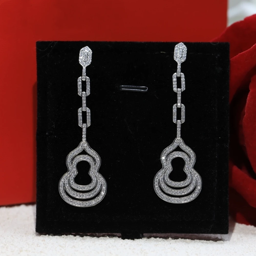 Three-Layer Hollowed-Out Gourd Earrings With Zircon Inlay Symbolize Beauty And Delicate Tassel Design For High-Quality Gifts